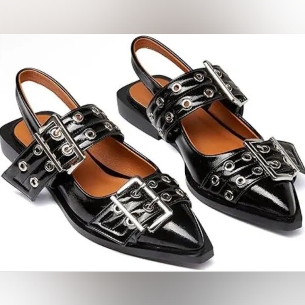 Yishaweiqi Wide Welt Buckle Ballet Flats